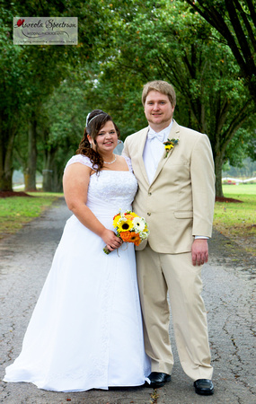 bride and groom portrait on tree lined drive.
