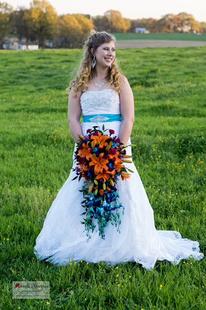 striking bride standing on the rolling green fields