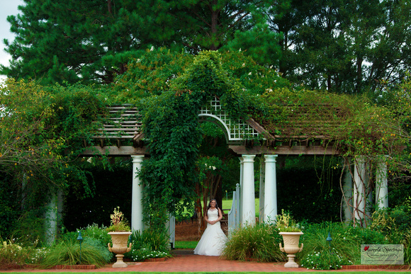 Bride stands under a greenery covered gazebo.