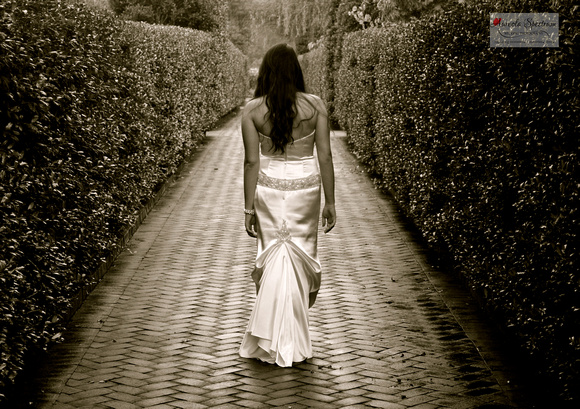 bridal walks away on a brick path