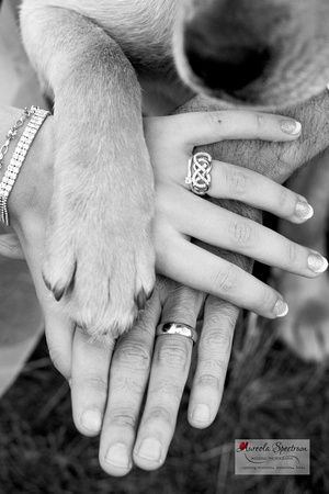 Bride, groom, and dog show off wedding rings