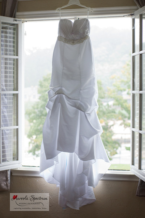Wedding dress hangs in the window of lake lure hotel