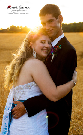 Bride and groom portrait at sunset posing in a golden lit field.