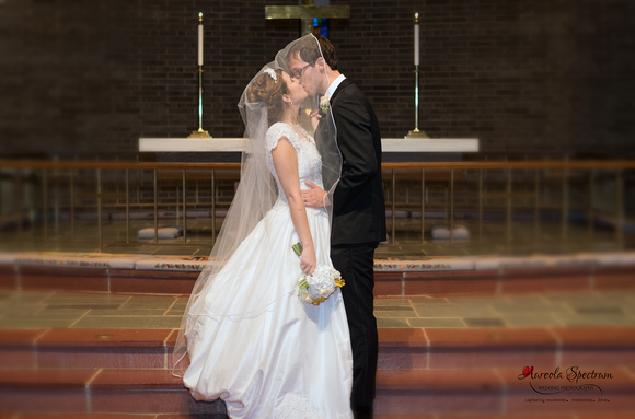 Bride and groom kiss under veil at Greensboro, NC wedding.