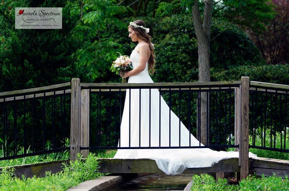 Gorgeous bride stands on bridge at botanical garden.